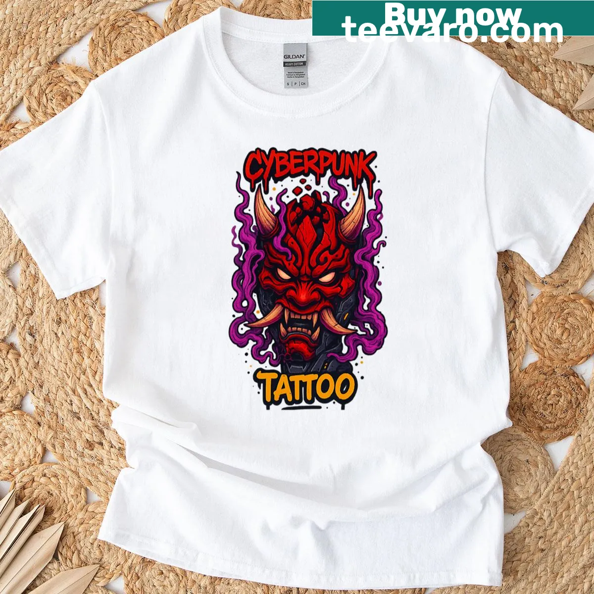 Cyberpunk tattoo design of a fiery demon mask on T-shirt — on a men's t-shirt