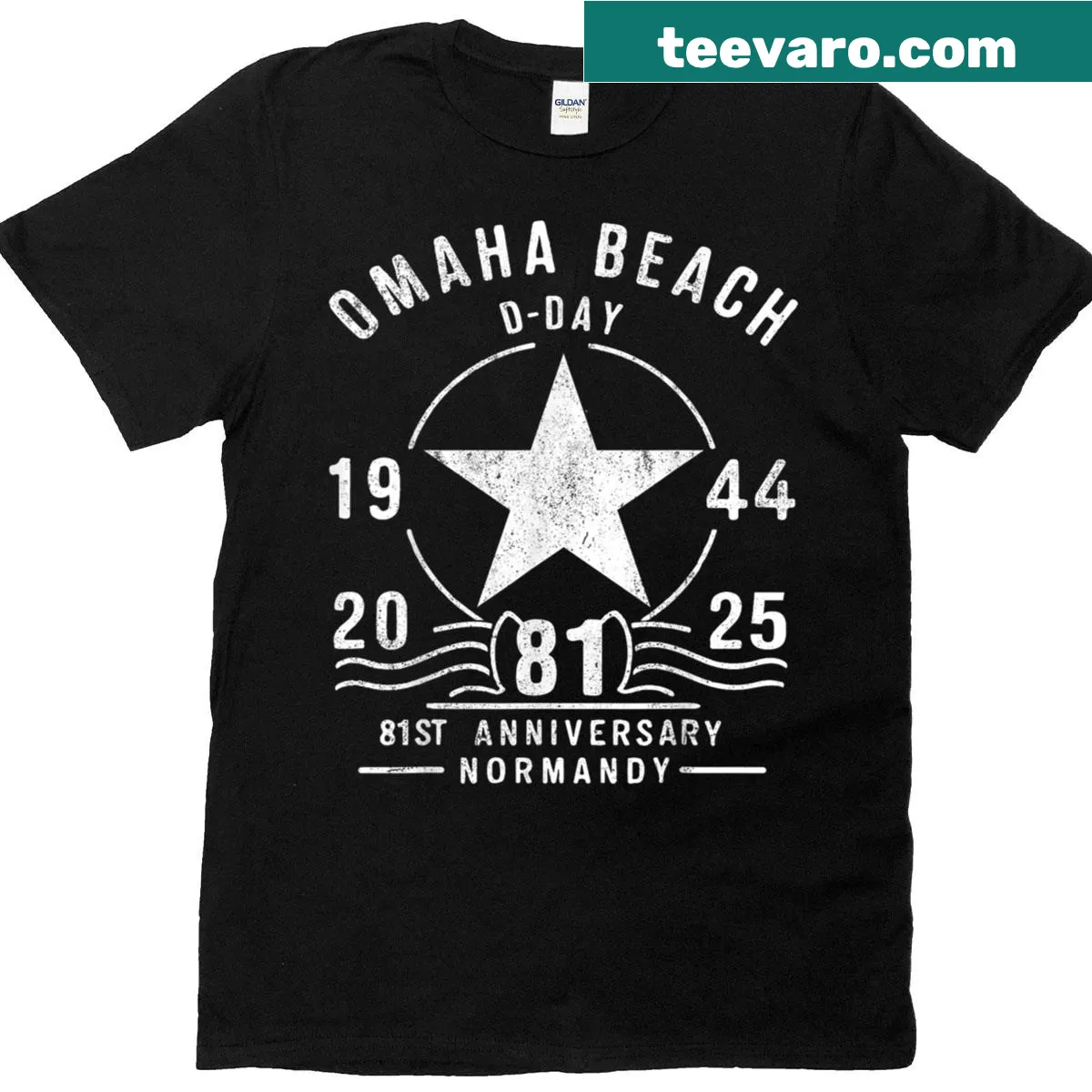 Illustrative T-shirt commemorating D-Day and Omaha Beach — on a men's t-shirt