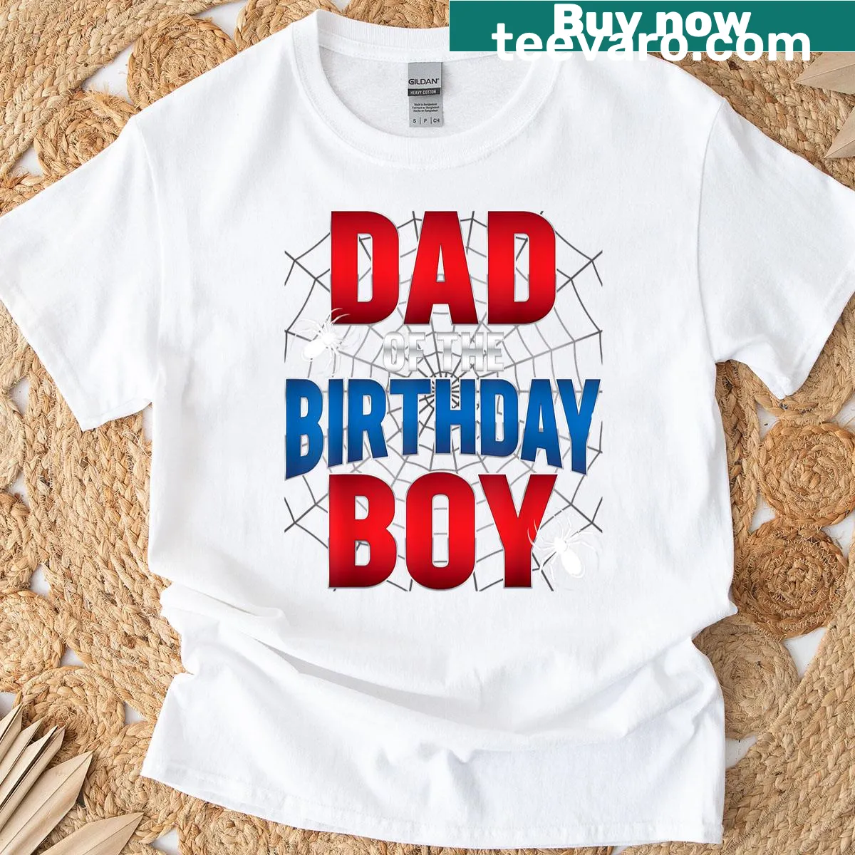 Illustration of a spider web with text for Dad of the Birthday Boy — on a men's t-shirt