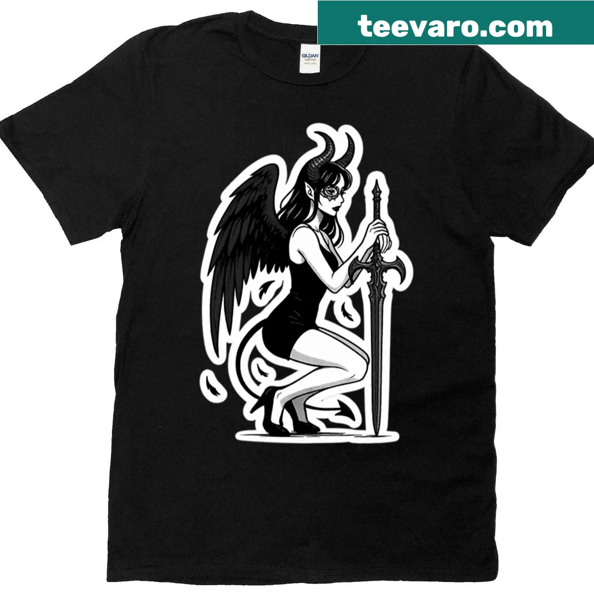 Illustration of a dark angel demon girl on a T-shirt — on a men's t-shirt