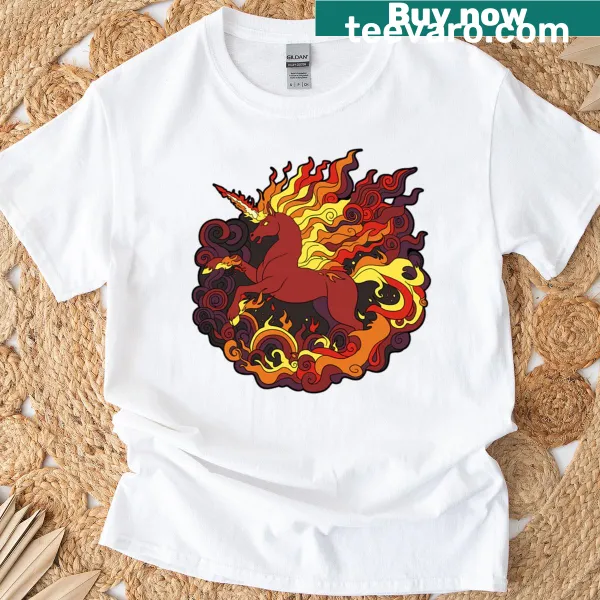Illustration of a fire unicorn on a whimsical T-shirt.