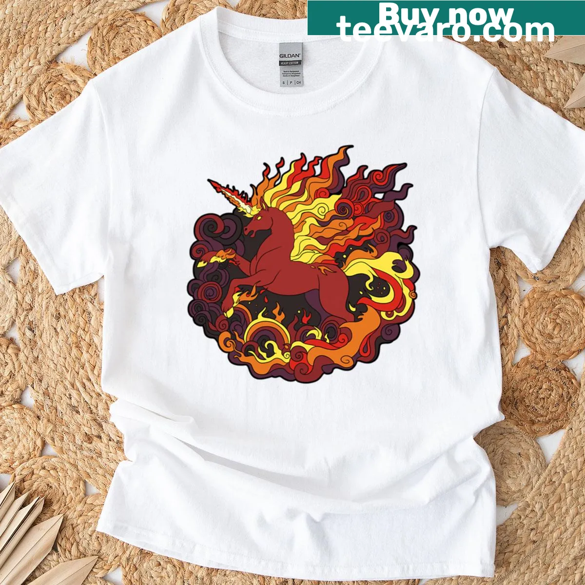 Illustration of a fire unicorn on a whimsical T-shirt. — on a men's t-shirt