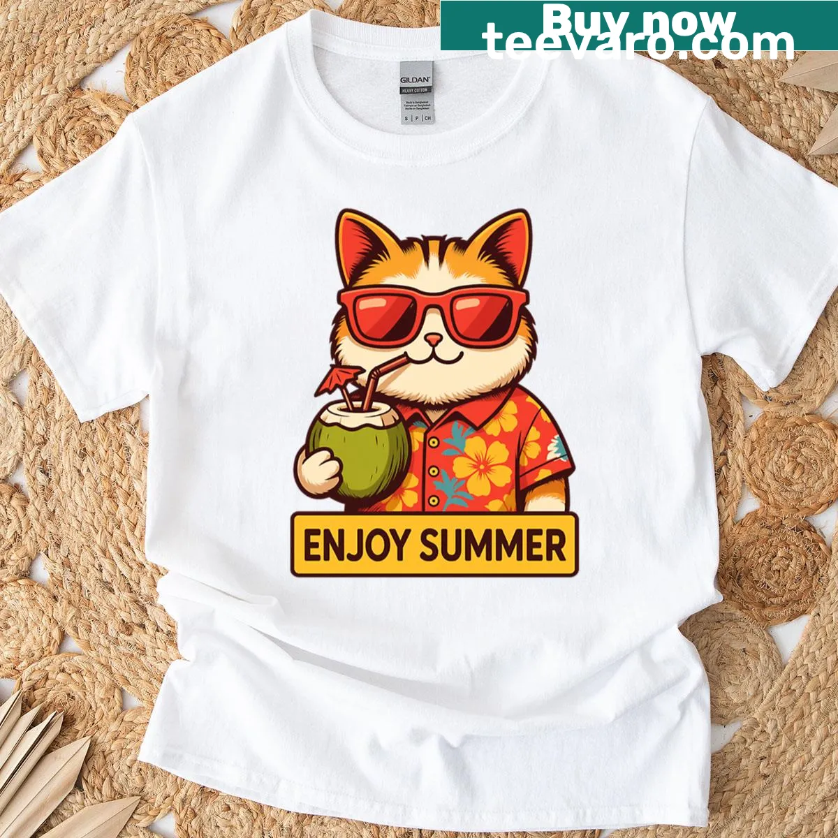 Cute illustration of a cat enjoying summer on a beach vacation T-shirt. — on a men's t-shirt
