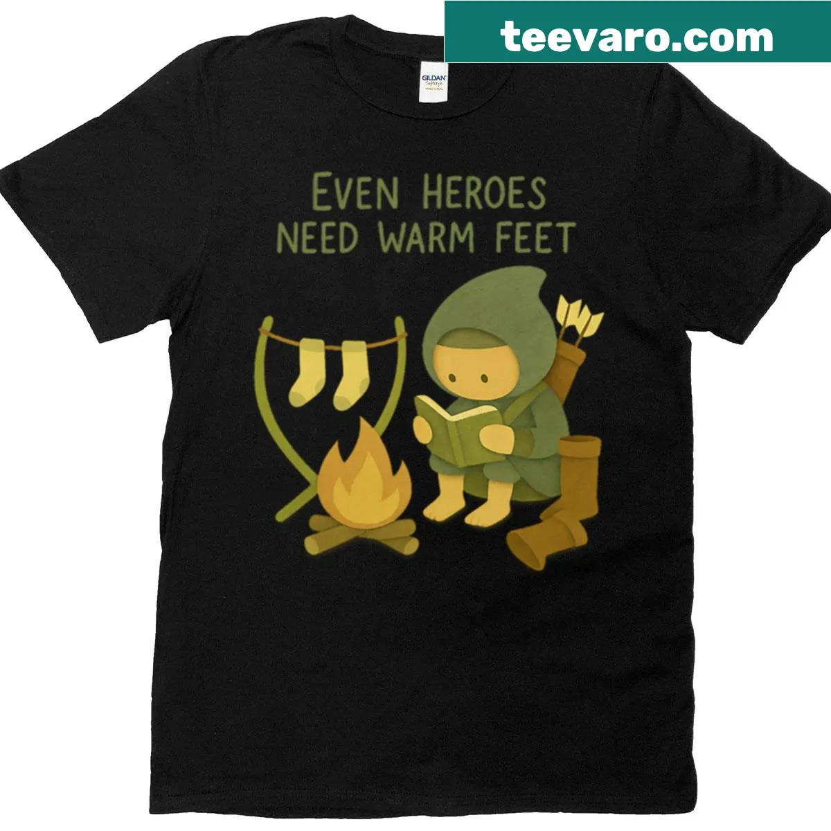 Playful typography t-shirt with the phrase 'Even Heroes Need Warm Feet' — on a men's t-shirt
