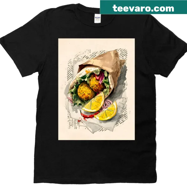Graphic T-shirt featuring a falafel wrap with veggies and lemon.