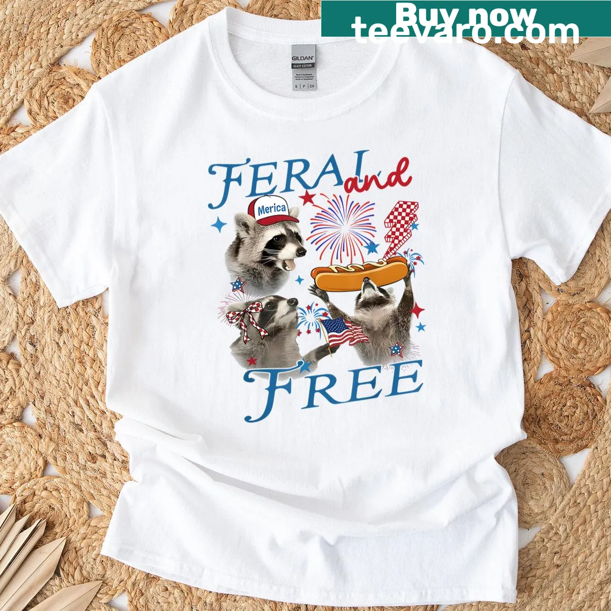 Funny raccoon graphic on a Fourth of July T-shirt. — on a men's t-shirt