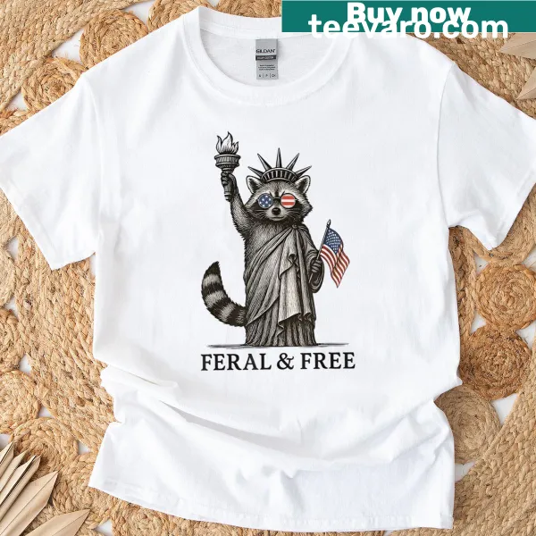 Patriotic t-shirt featuring a funny raccoon and USA flag design.