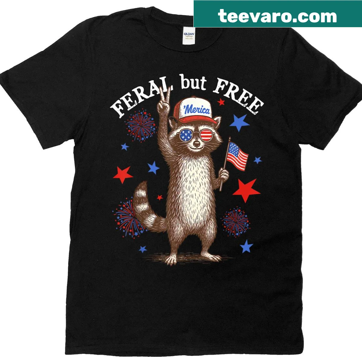 Cartoon t-shirt of a raccoon with fireworks and 'Feral But Free' text — on a men's t-shirt
