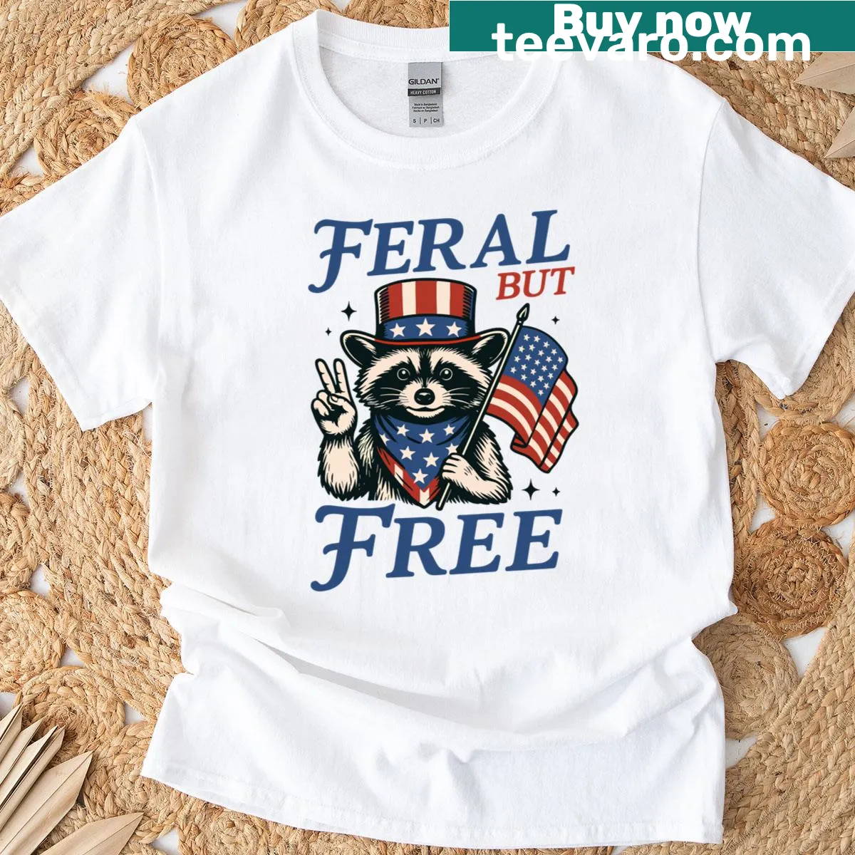 Funny raccoon celebrating Independence Day on a T-shirt — on a men's t-shirt
