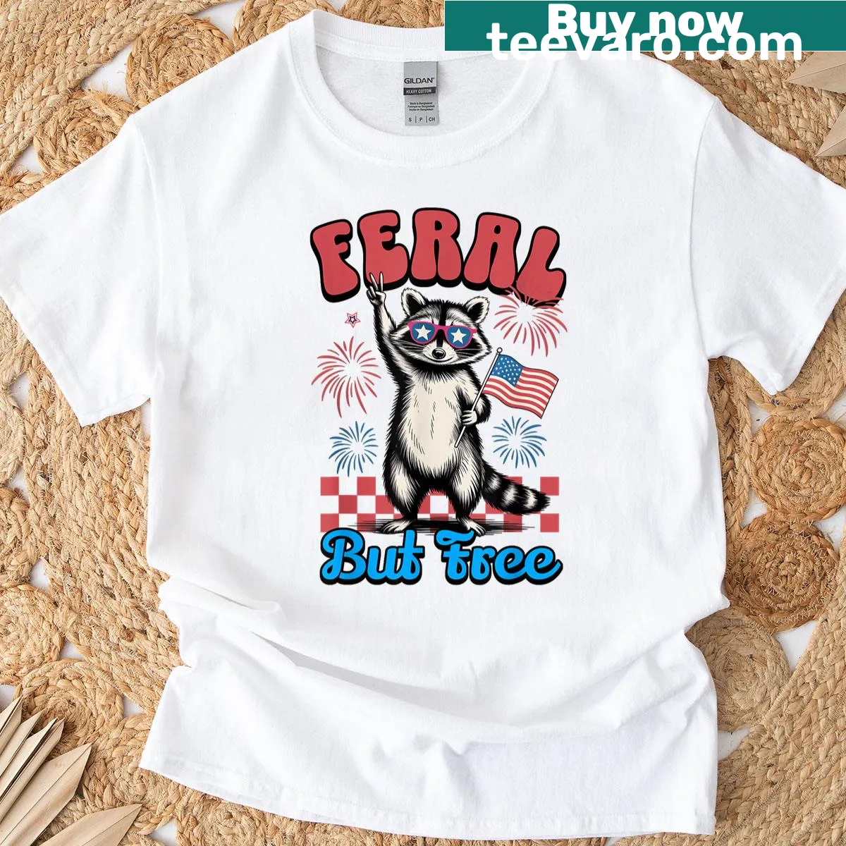 Whimsical raccoon graphic for patriotic Fourth of July women’s shirt — on a men's t-shirt