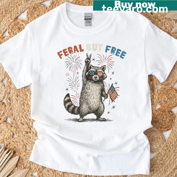 Retro-style t-shirt featuring a funny raccoon design for July 4th.