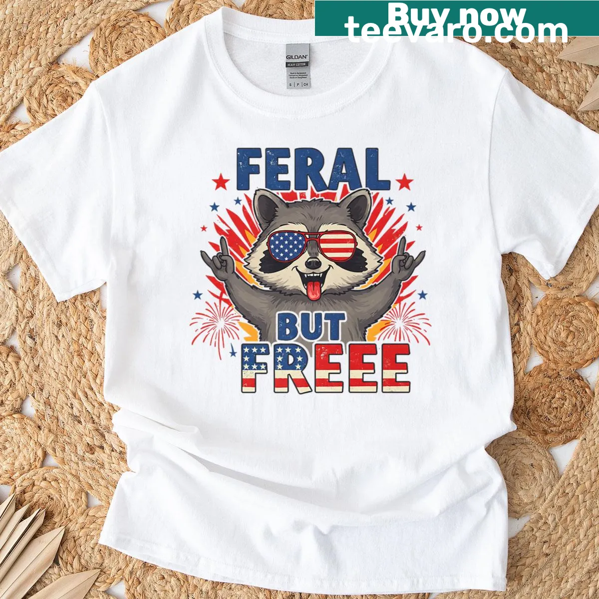 Funny raccoon ready to celebrate Independence Day on a T-shirt — on a men's t-shirt