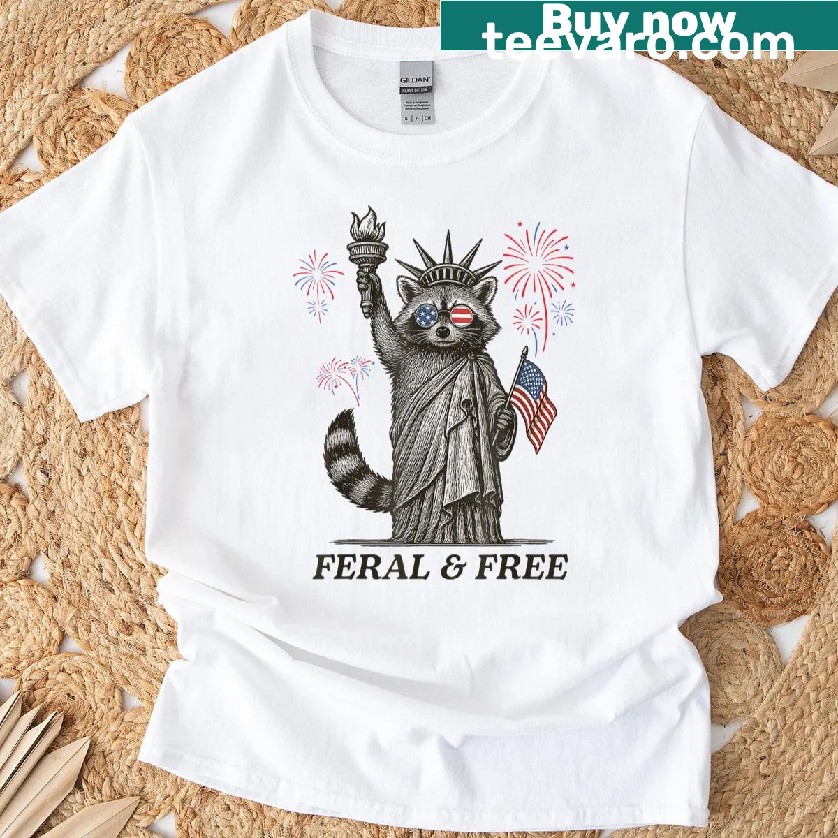 Playful raccoon illustration with fireworks and US flag for July 4th — on a men's t-shirt