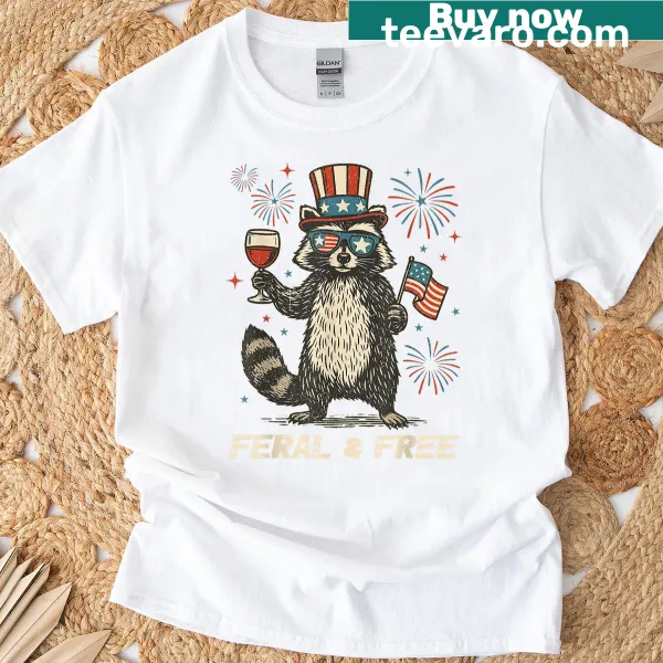 Vintage-style t-shirt featuring a funny raccoon and patriotic text.