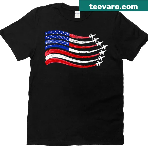 Patriotic t-shirt with fighter jets and USA flag design.