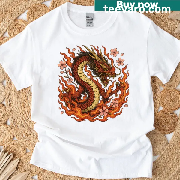 Oversized T-shirt featuring a dramatic dragon and cherry blossoms