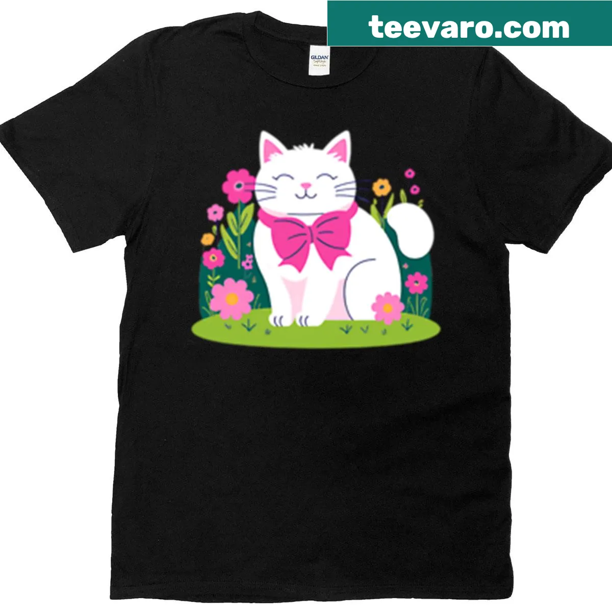 Adorable cartoon graphic of a fluffy white cat on a T-shirt — on a men's t-shirt