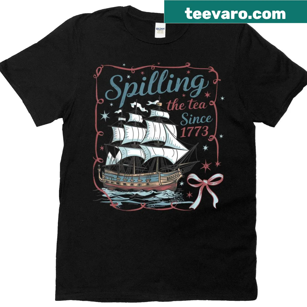 Funny 4th of July t-shirt with text 'Spilling the Tea Since 1773' — on a men's t-shirt