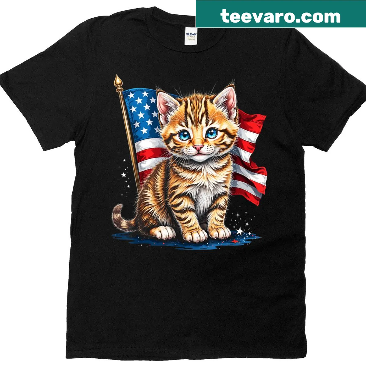 Cute cat with American flag on a funny 4th of July t-shirt — on a men's t-shirt