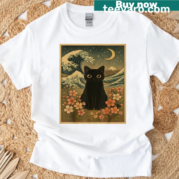 Funny cat graphic T-shirt with Japanese art style