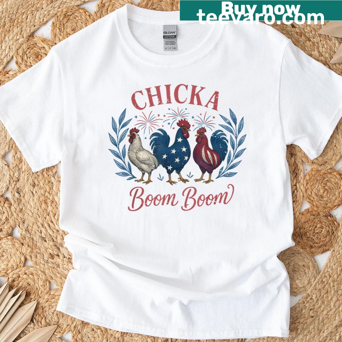 Retro chicken graphic T-shirt for Fourth of July celebrations. — on a men's t-shirt