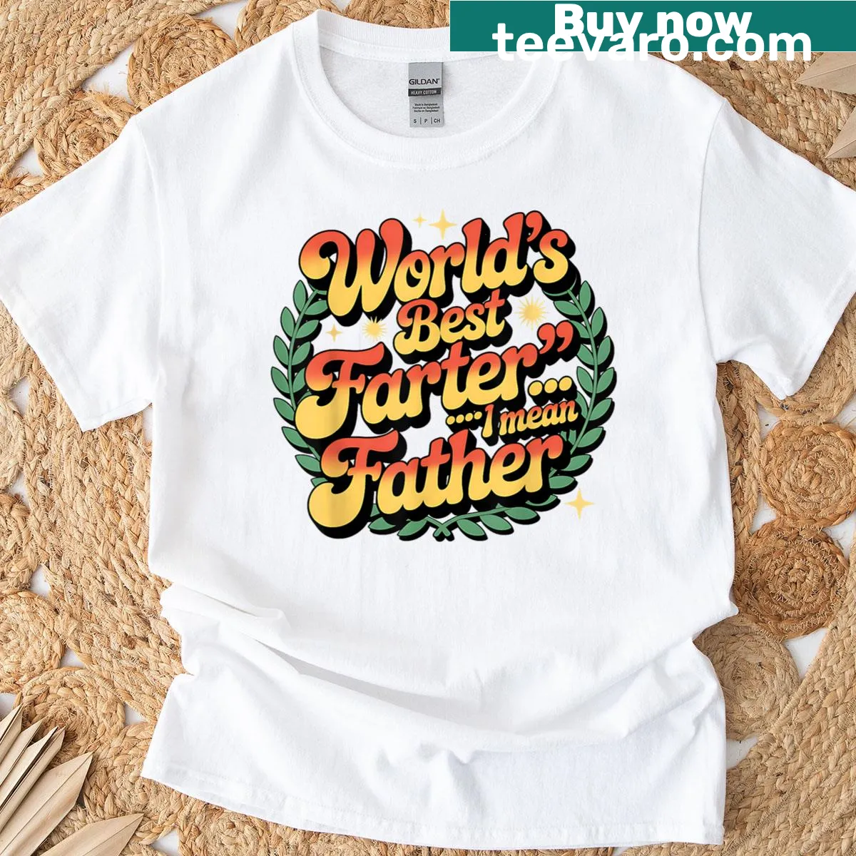 Funny T-shirt with typography declaring 'World’s Best Farter, I Mean Father.' — on a men's t-shirt