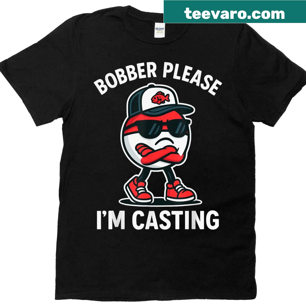 Funny fishing bobber t-shirt featuring a clever fishing pun. — on a men's t-shirt
