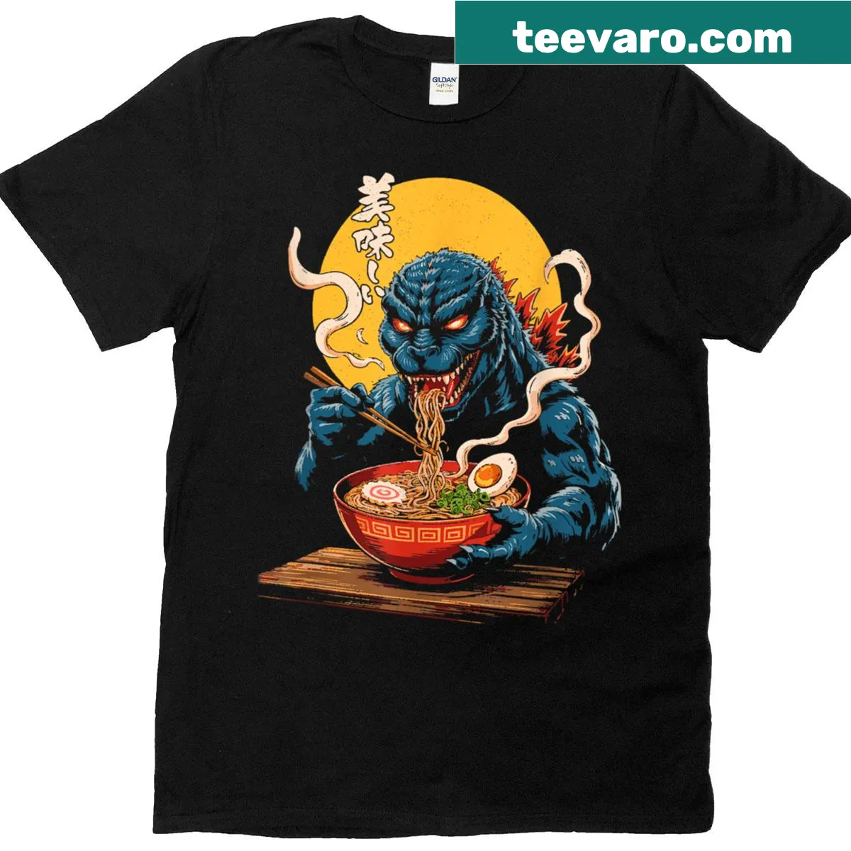 T-shirt depicting a kaiju monster eating ramen with playful graphics. — on a men's t-shirt