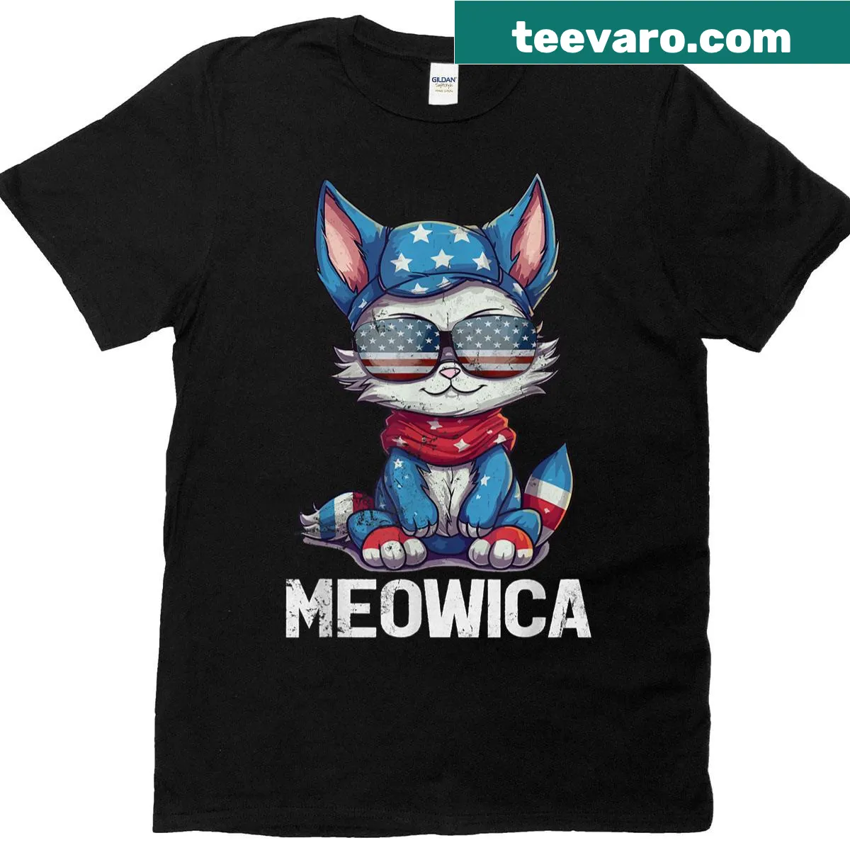 Patriotic cat graphic with USA flag for July 4th celebrations — on a men's t-shirt