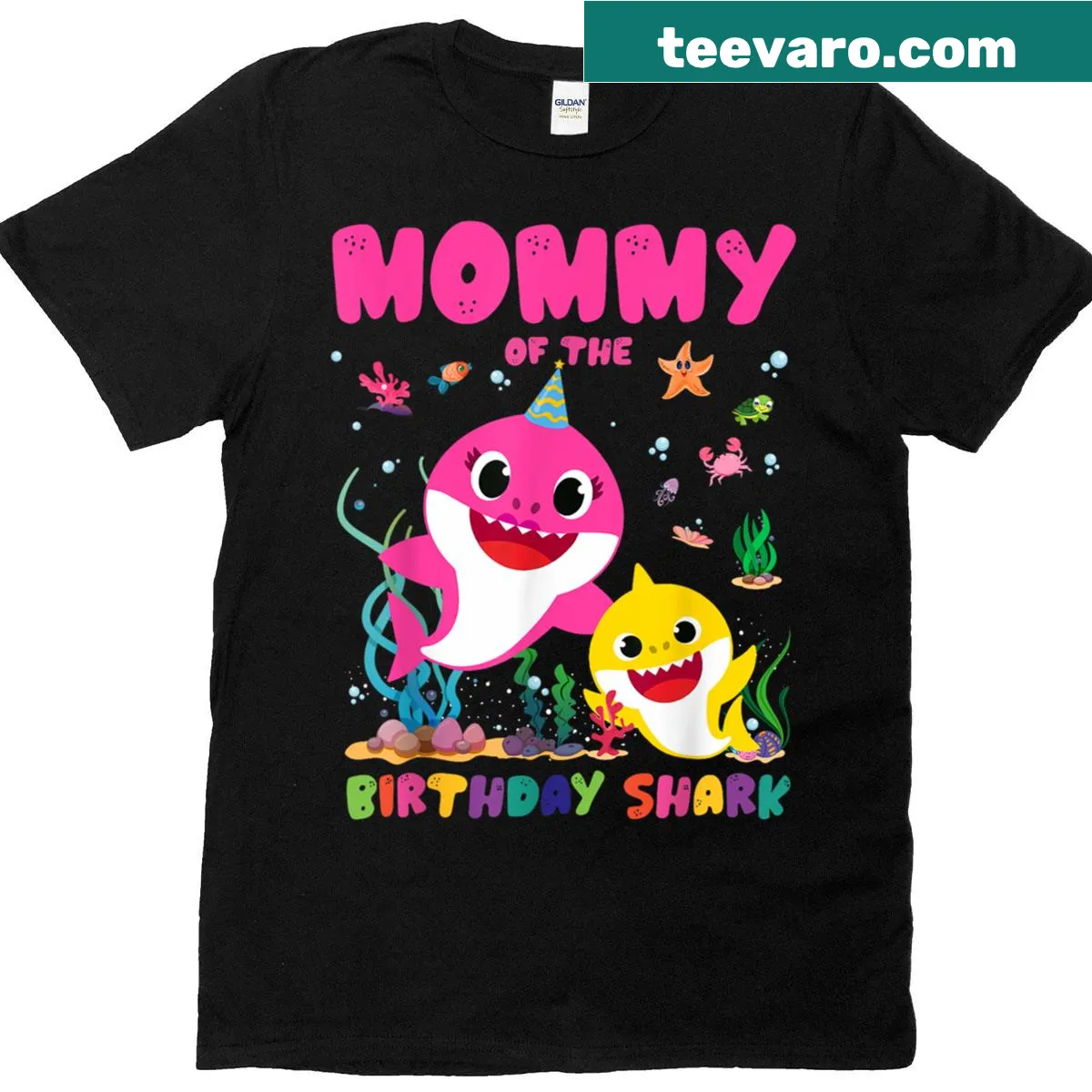 Family-themed graphic featuring a fun shark for birthday celebrations — on a men's t-shirt