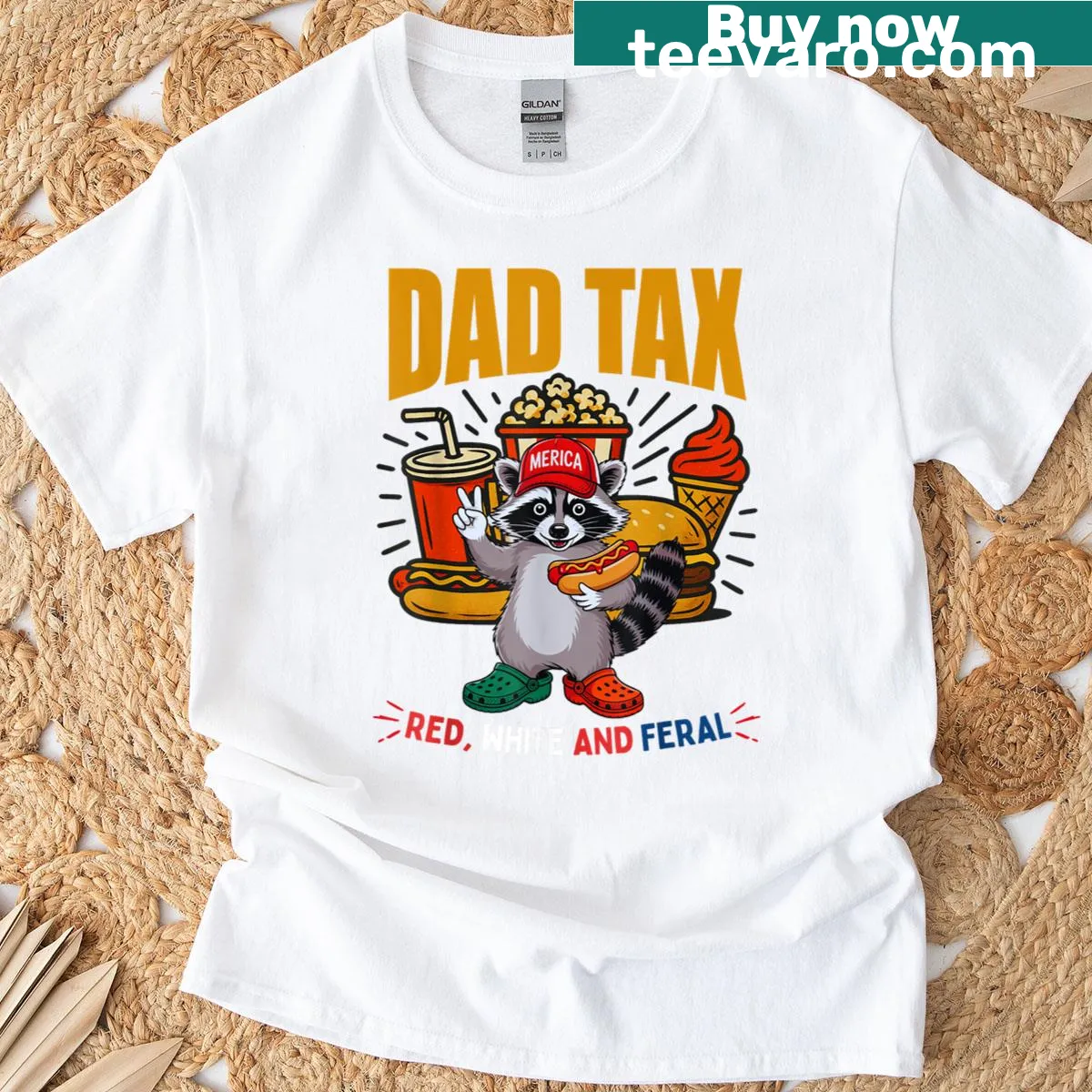 Cartoon raccoon graphic with 'Dad Tax' text — on a men's t-shirt