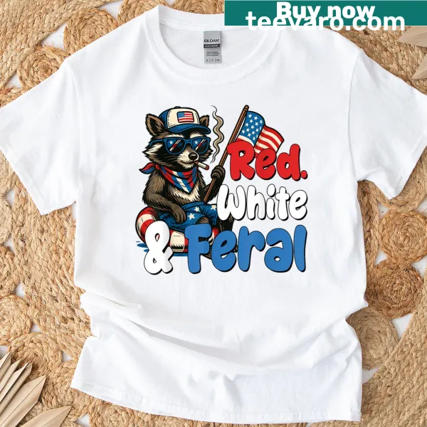 Cartoon raccoon graphic T-shirt for Fourth of July celebrations.
