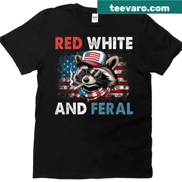Patriotic 4th of July t-shirt featuring a funny raccoon with flags