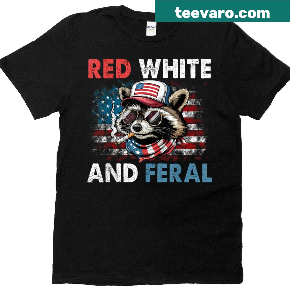 Patriotic 4th of July t-shirt featuring a funny raccoon with flags — on a men's t-shirt