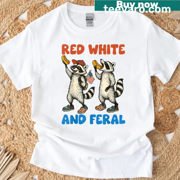 Patriotic T-shirt featuring a funny raccoon and US flag design
