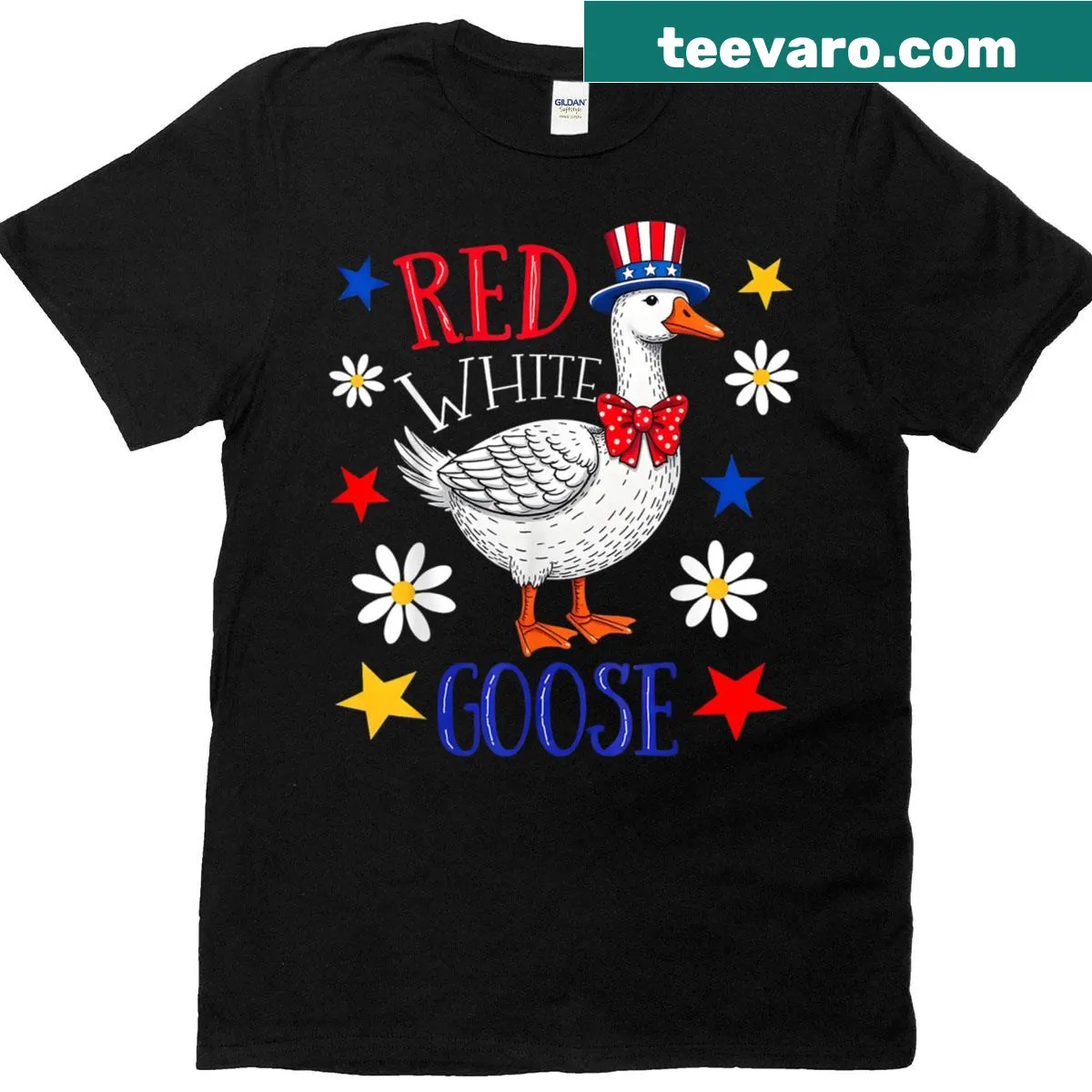 Funny 4th of July t-shirt featuring a silly goose graphic. — on a men's t-shirt