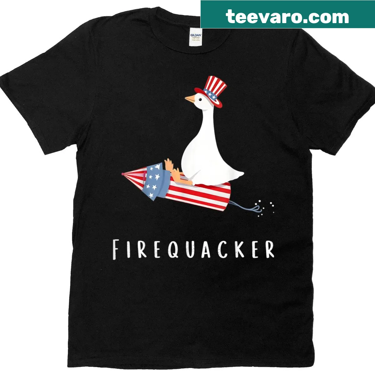 Cartoon goose for 4th of July graphic T-shirt — on a men's t-shirt