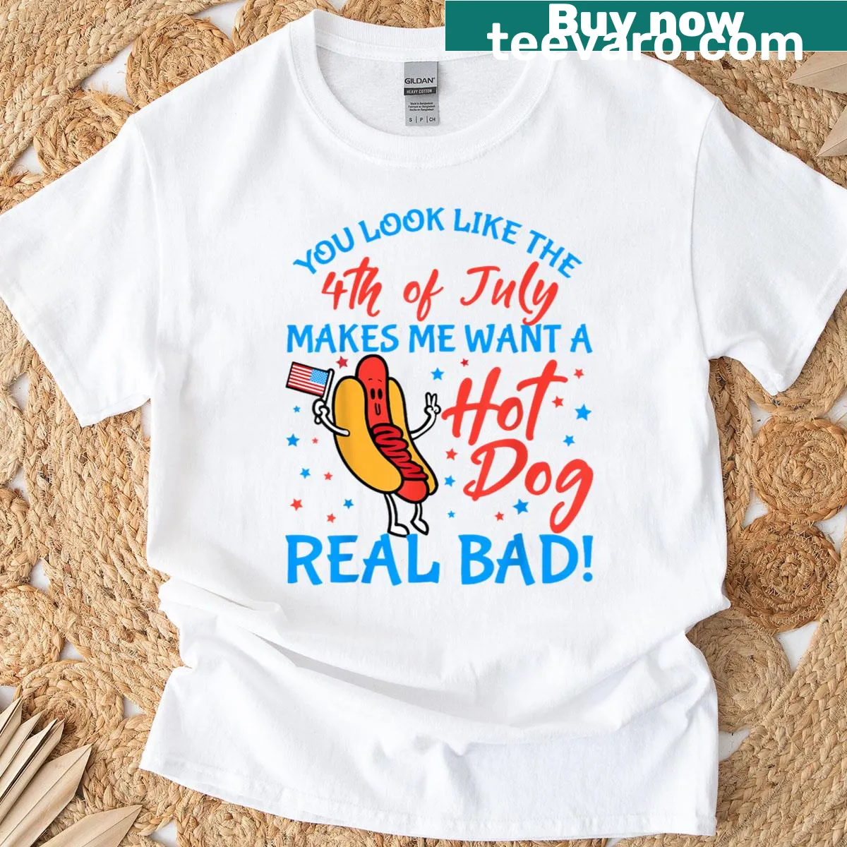 Funny T-shirt with humorous 4th of July phrase and hot dog theme — on a men's t-shirt
