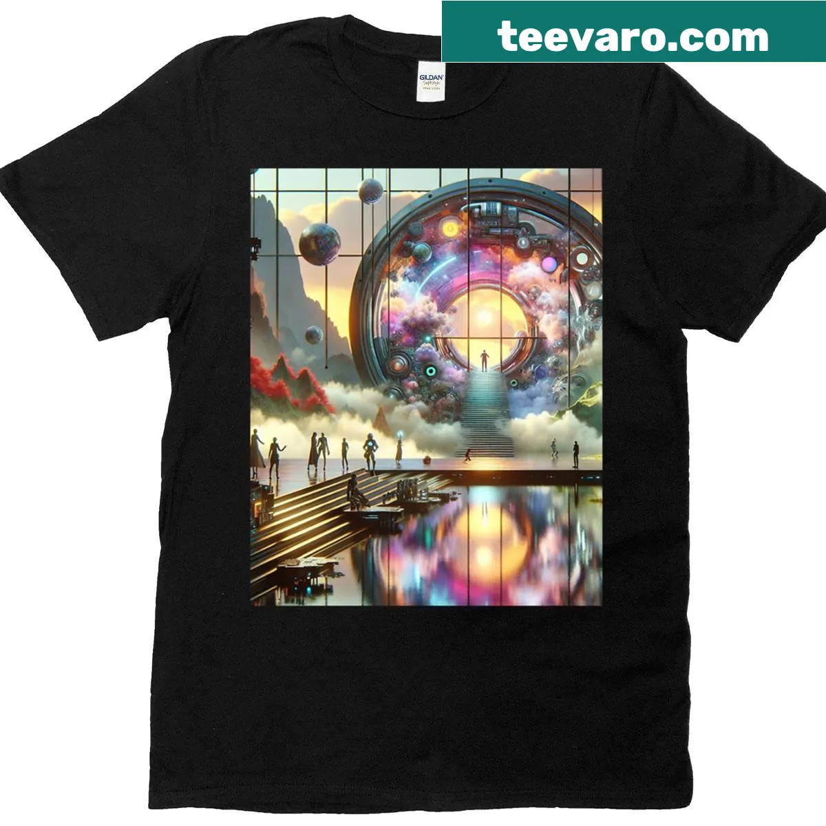 Graphic t-shirt featuring a cosmic gateway design — on a men's t-shirt