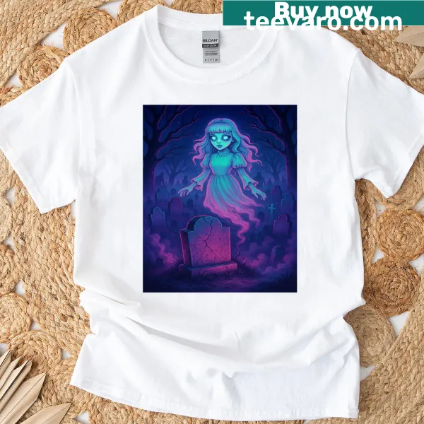 T-shirt featuring a ghost girl illustration in a graveyard
