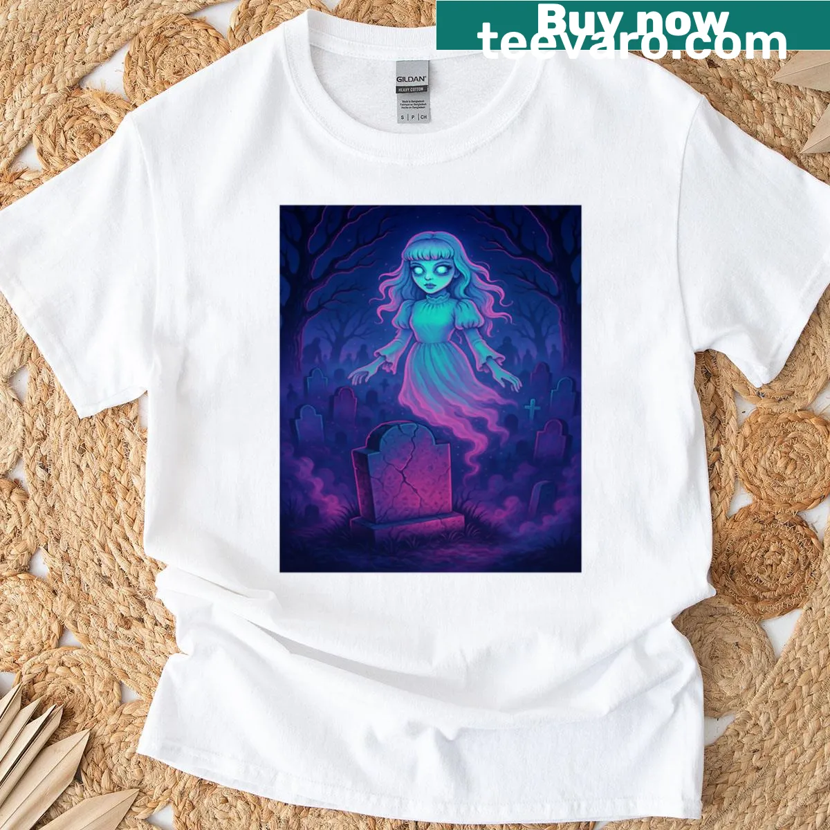 T-shirt featuring a ghost girl illustration in a graveyard — on a men's t-shirt