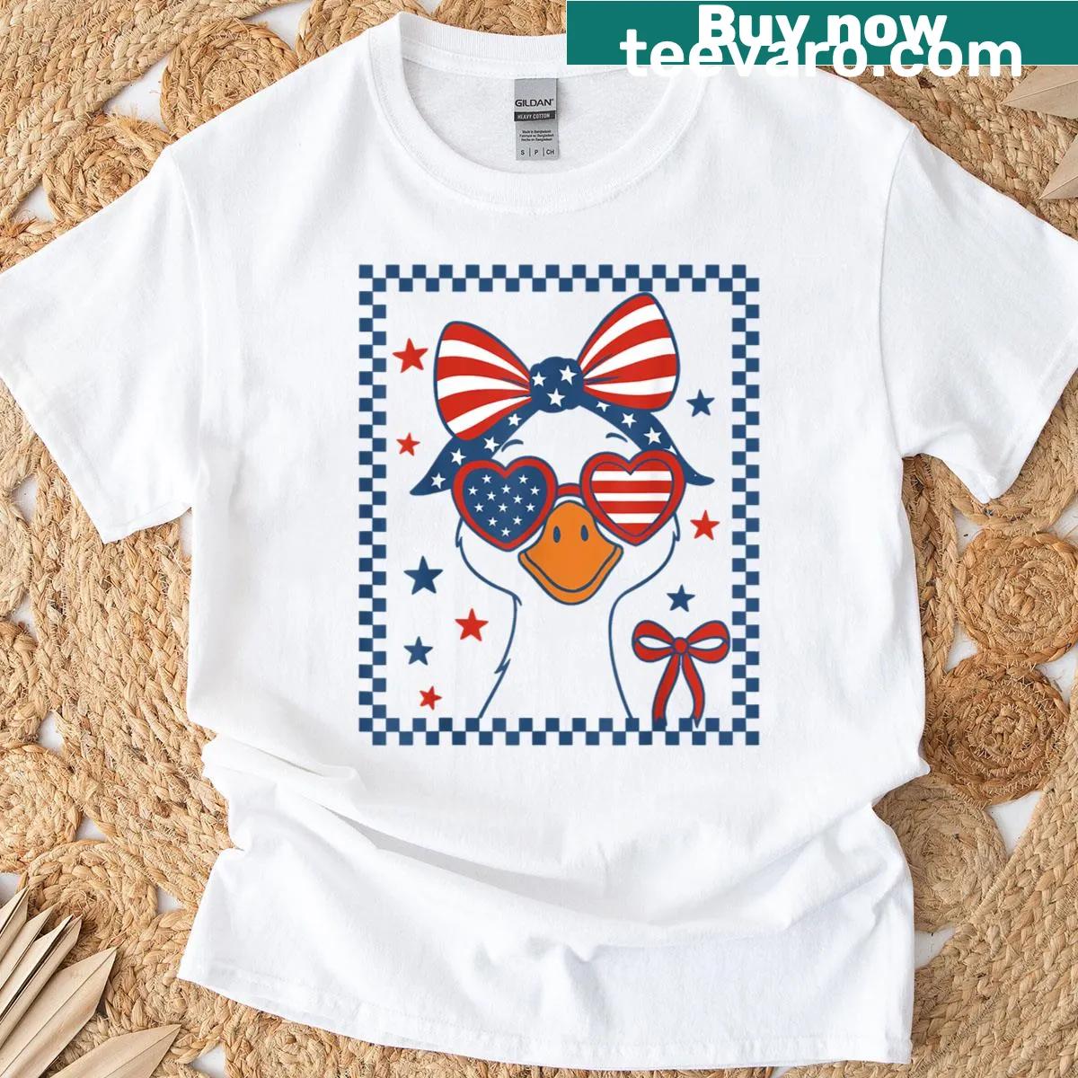 Patriotic T-shirt with a girl goose and American flag design — on a men's t-shirt