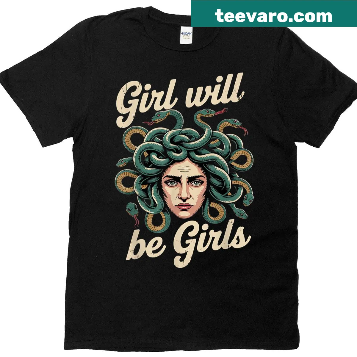 Illustrated Medusa design T-shirt celebrating feminism and empowerment — on a men's t-shirt