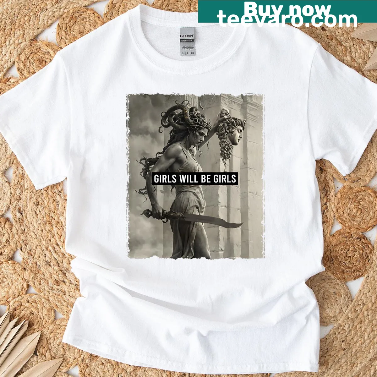 Feminist T-shirt featuring Medusa graphic for women — on a men's t-shirt