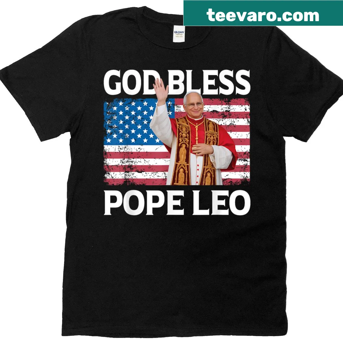 T-shirt honoring Pope Leo XIV with the phrase 'God Bless Pope Leo Us' — on a men's t-shirt