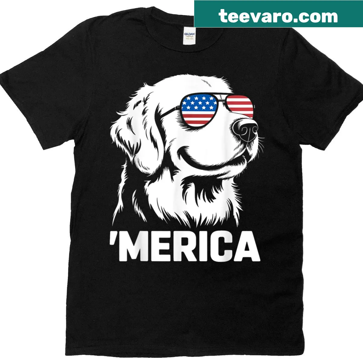 T-shirt featuring a Golden Retriever and Fourth of July theme — on a men's t-shirt