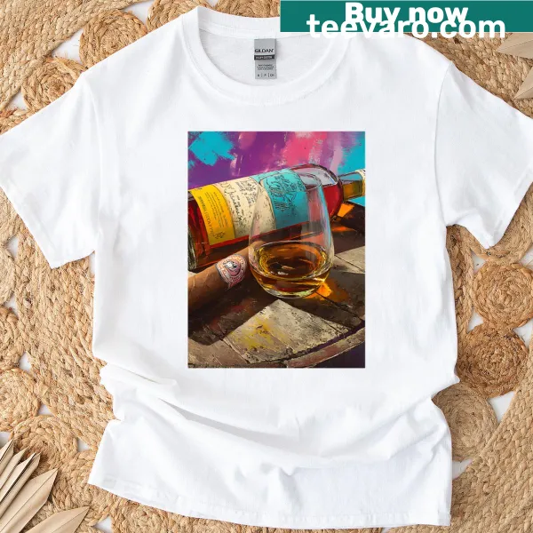Whiskey and cigar barrel display graphic on a bold T-shirt