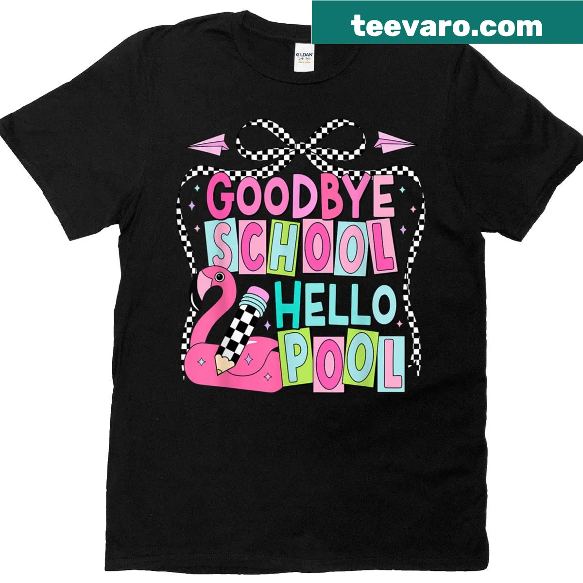 T-shirt celebrating summer with 'Goodbye School Hello Pool' — on a men's t-shirt