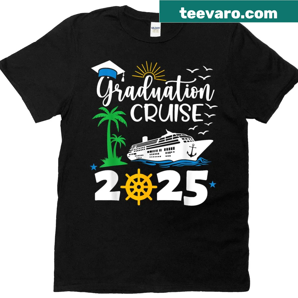 Graduation t-shirt featuring a tropical scene for summer vacation celebration. — on a men's t-shirt
