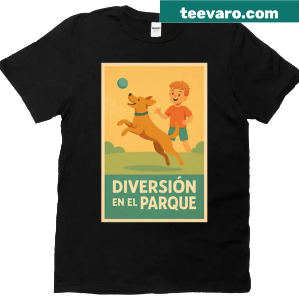 Charming oversized t-shirt with illustration of dog and owner playing
